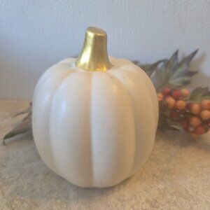 Small Off White Ceramic Decorative Pumpkin Gold Stem Autumn Fall Thanksgiving